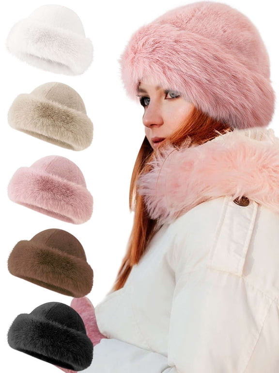 Faux Fur Russian Hat Furry Beanie Winter Warm Fluffy Bucket Hat Fisherman Cap for Women Girls - Beige