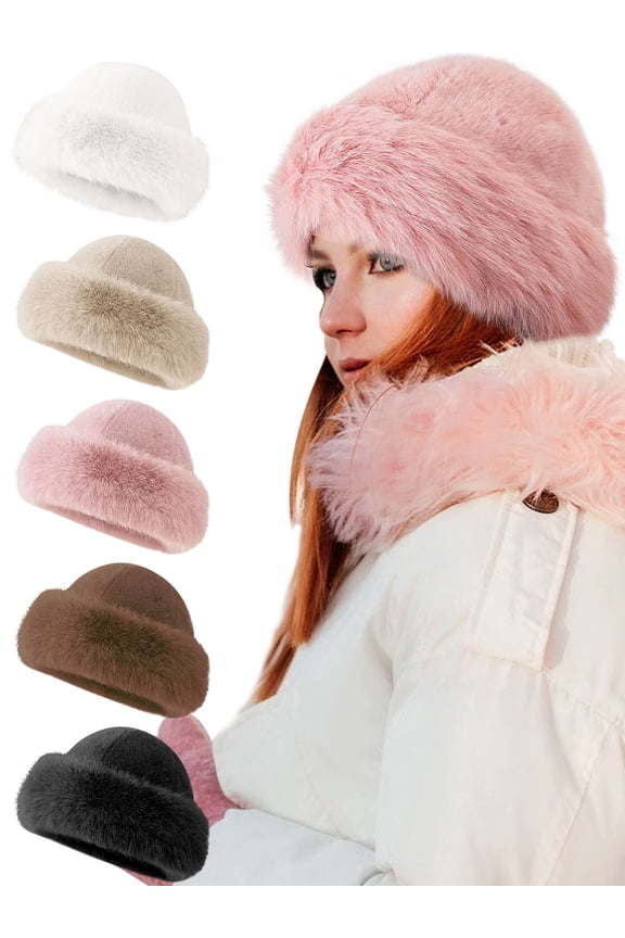 Faux Fur Russian Hat Furry Beanie Winter Warm Fluffy Bucket Hat Fisherman Cap for Women Girls - Beige
