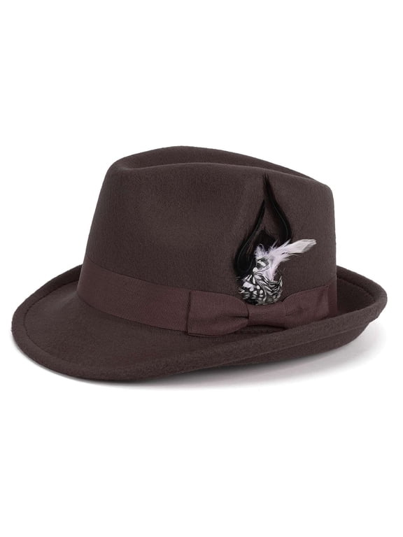 Felt Fedora Trilby Hat for Men Women Short Brim Vintage Jazz Panama Church Dress Hat with Feather Band - Brown