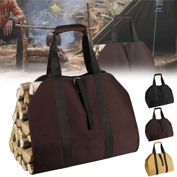 Gustave Firewood Log Carrier Bag Waxed Canvas Heavy Duty Fireplace Wood Carrying Tote Bag Firewood Holder with Handles for Camping Indoor Outdoor - Brown