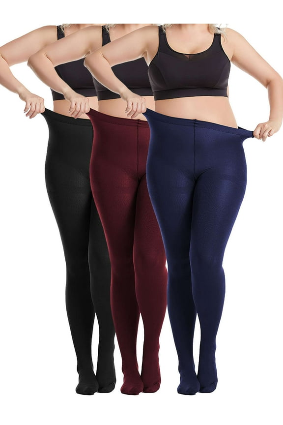 Fleece Lined Opaque Tights for Women Plus Size Control Top Pantyhose Winter Warm High Waisted Footed Tights Leggings - Black