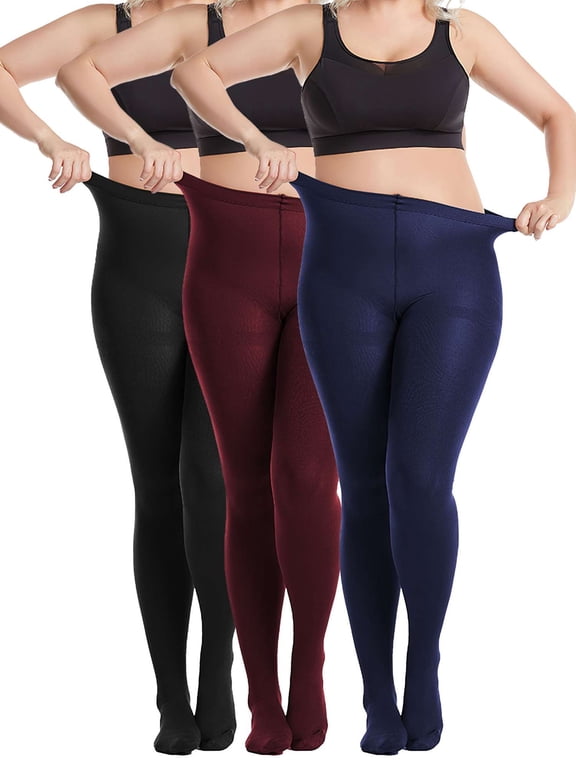 Fleece Lined Opaque Tights for Women Plus Size Control Top Pantyhose Winter Warm High Waisted Footed Tights Leggings - Black