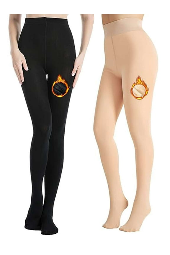 Fleece Lined Thermal Tights for Women High Waisted Opaque Pantyhose Winter Warm Fake Translucent Leggings Thick Footed Tights "Black / Skin"