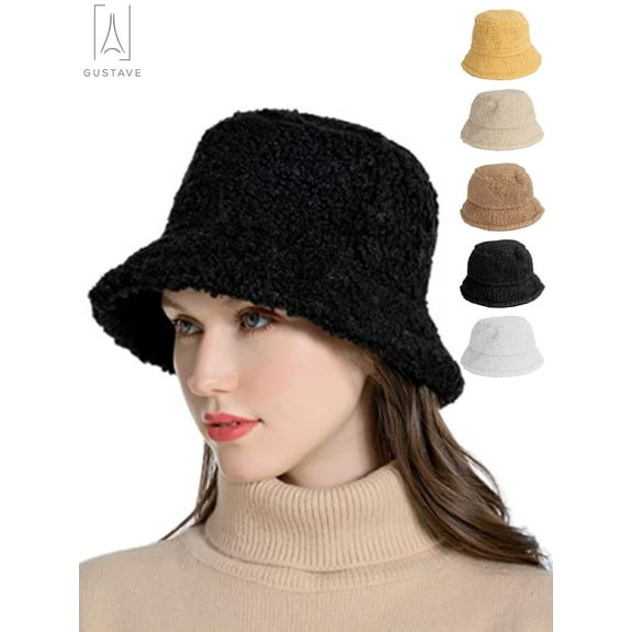Gustave Fuzzy Bucket Hat for Women Winter Faux Fur Sherpa Bucket Hats Cloche Soft Warm Plush Fisherman Cap, Black