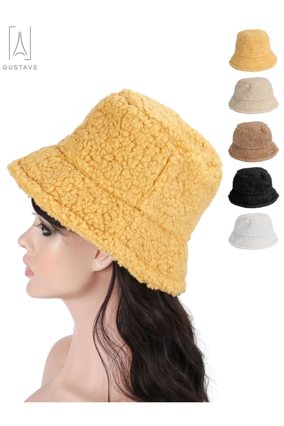Fuzzy Bucket Hat for Women Winter Faux Fur Sherpa Bucket Hats Cloche Soft Warm Plush Fisherman Cap, Yellow