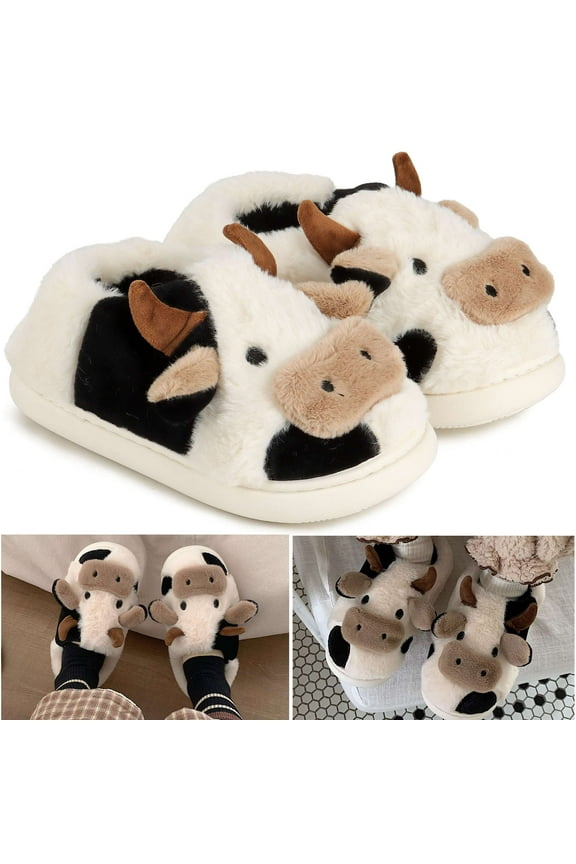 Fuzzy Cow Slippers for Women Men Plush House Slipper Slides Non-Slip Winter Warm Cozy Cute Cartoon Animal Home Shoes for Bedroom Indoor Outdoor