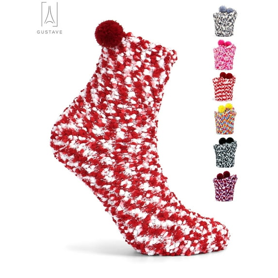 Gustave Fuzzy Socks for Women Girl Winter Warm Soft Cozy Fluffy Sleeping Socks Thick Plush Crew Slipper Socks for Home Indoor Christmas DIY Gifts, Red