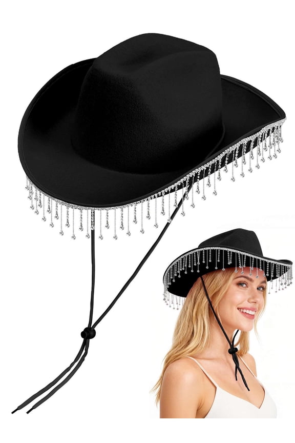 Glitter Rhinestone Tassel Cowboy Hat for Women Wide Brim Felt Western Cowgirl Hat for Bridal Wedding Party Halloween Costume - Black