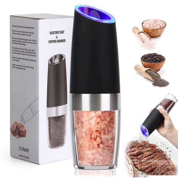 Gustave Gravity Electric Pepper Salt Grinder Battery Operated Automatic Pepper and Salt Mill Grinder with LED Light, Adjustable Coarseness, 1 Pack