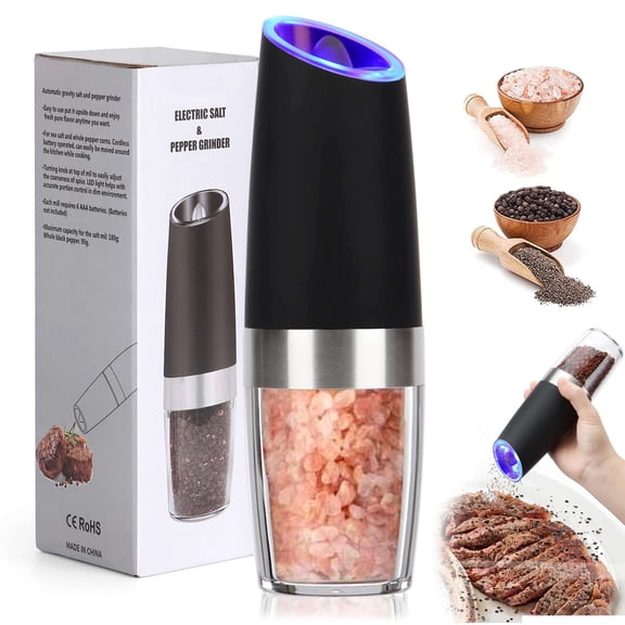 Gustave Gravity Electric Pepper Salt Grinder Battery Operated Automatic Pepper and Salt Mill Grinder with LED Light, Adjustable Coarseness, 1 Pack
