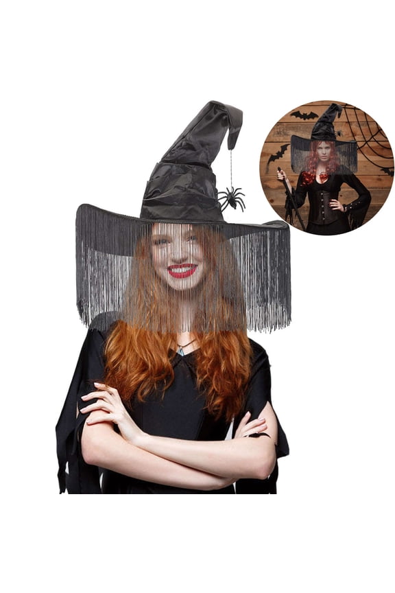 Halloween Black Witch Hat with Spider & Tassel Veil, Ruched Pointed Wizard Witch Hat Wide Brim Costume Accessory Cap for Women Party Cosplay