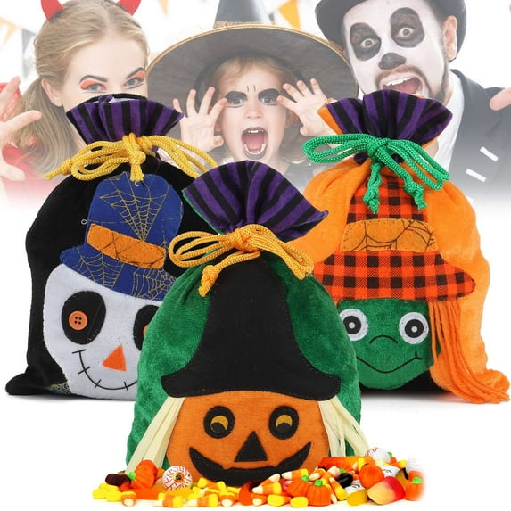 Gustave Halloween Drawstring Trick or Treat Candy Bags 3 Pack Velvet Goodie Gift Bags Reusable Skeleton Pumpkin Witch Treats Bag Party Favors for Kids