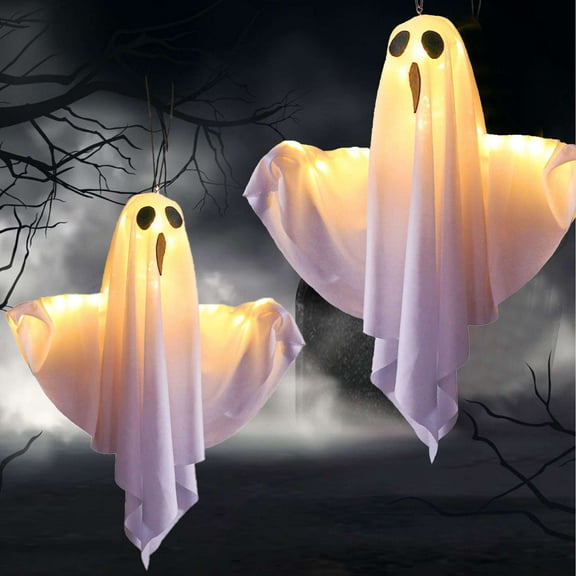 Gustave Halloween Light up Hanging Ghost 2Pcs 20" Battery Powered Cute Flying Ghost Decoration Lights for Indoor Outdoor Outside Front Yard Garden Party Decor - White