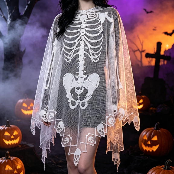 Gustave Halloween Poncho White Lace Skeleton Poncho for Women Men Halloween Costume Party Clothes 57 x 57 Inch