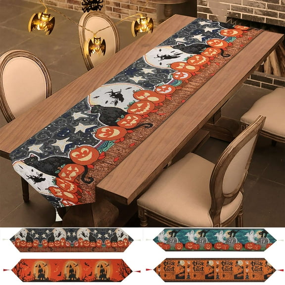 Gustave Halloween Table Runner Cat Pumpkin Rectangle Tablecloth Runners with Tassels for Fall Party Home Kitchen Dining Table Decoration, 14 x 71 Inch