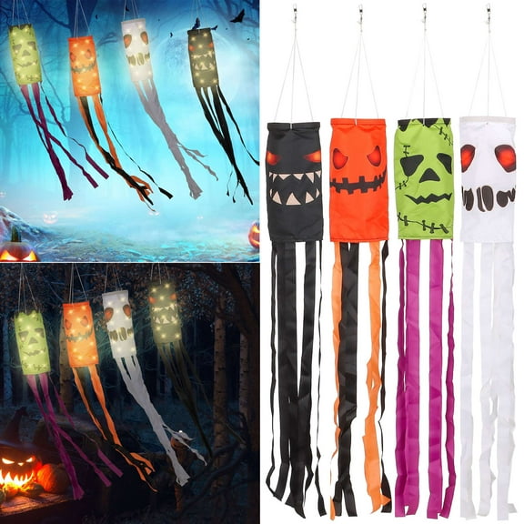 Gustave Halloween Windsock Flags with LED Lights 4 Pack Pumpkin Bat Ghost Spooky Cartoon Wind Socks Outdoor Hanging Decoration for Fall Thanksgiving Party Yard Garden, 47inch