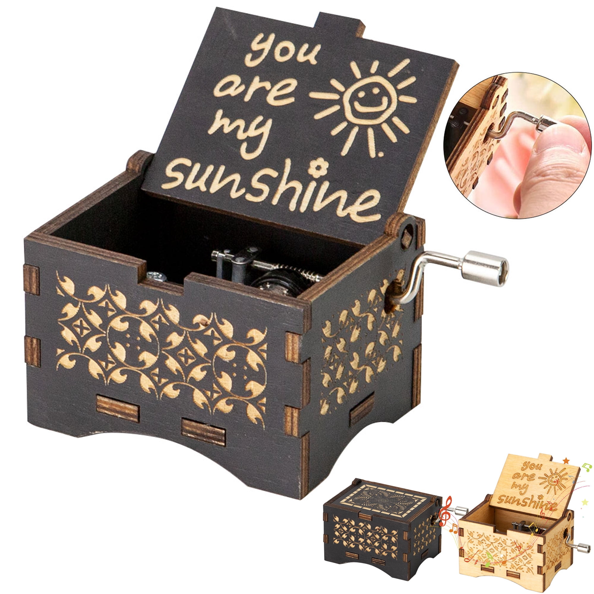 Gustave Hand Crank Music Box, You are My Sunshine Wooden Engraved