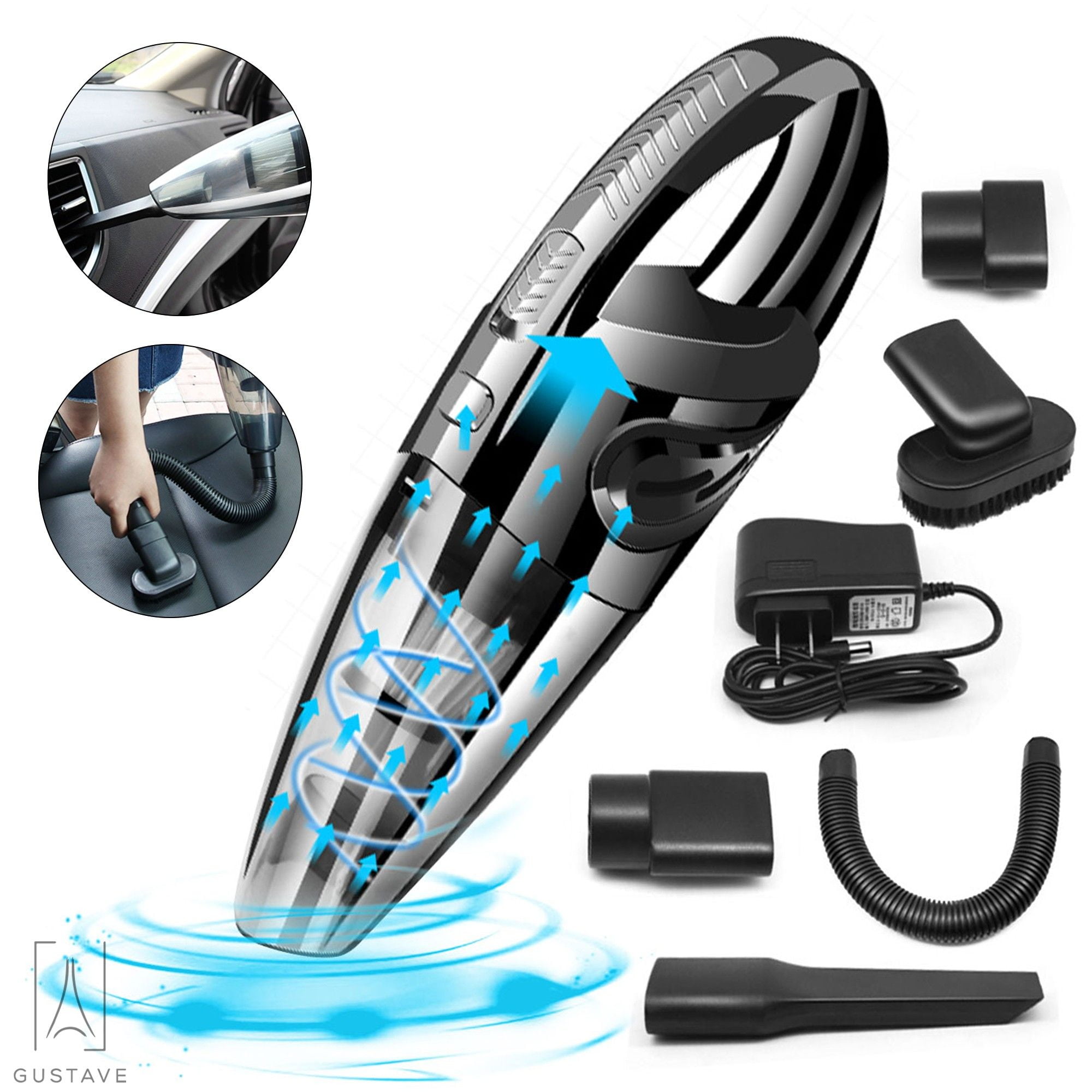 Gustave Handheld Car Vacuum Cleaner, Cordless Vacuum Cyclonic Suction Vacuum Cleaner with Stainless Steel Filter (Bagless) and 6 of Accessories for Home and Car Cleaning