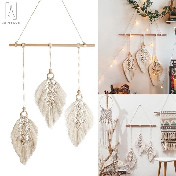 Gustave Handmade Wall Hanging Decor, Braided Rope Leaves Design Tapestry With LED String Light, Boho Home Decor Craft Wedding Christmas Birthday Gifts (Style B)