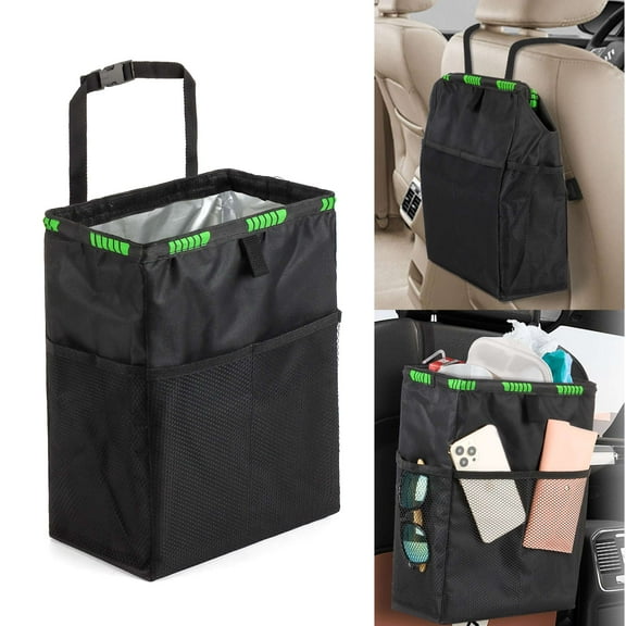 Gustave Hanging Car Trash Can Eco-friendly Collapsible Car Organizer Storage Bag Large Leakproof Waterproof Garbage Bin with 4 Mesh Pockets, 13.8*9.1*5.9"