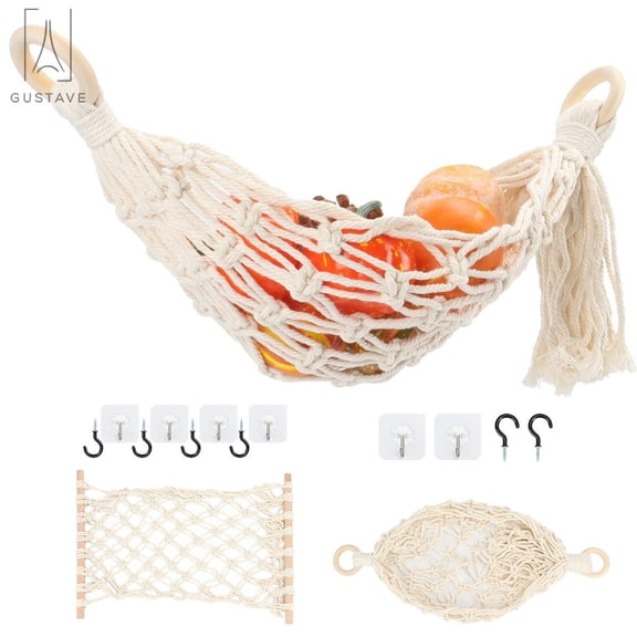 Gustave Hanging Fruit Hammock Under Cabinet Macrame Handwoven Cotton Fruit, Veggie or Banana Hammock Hanging Kitchen Storage with Hooks