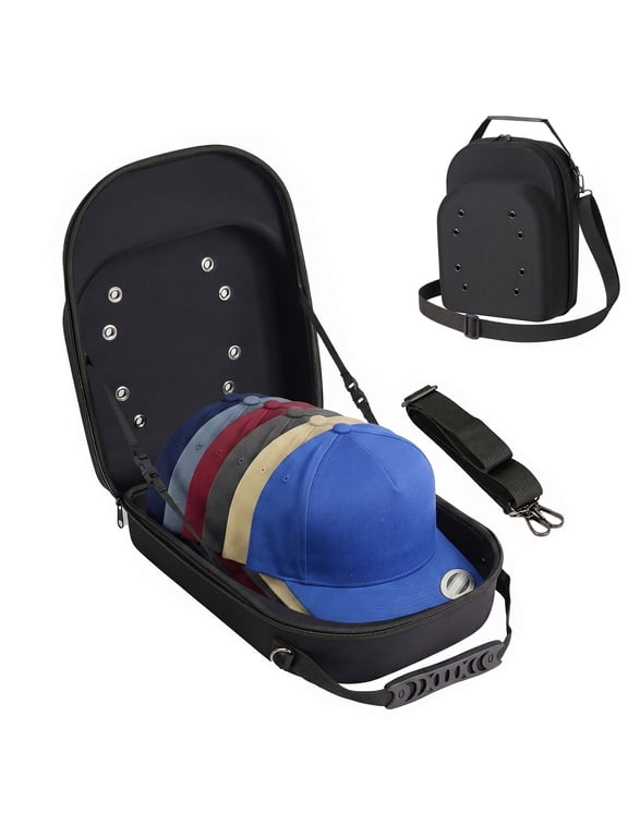 Hat Travel Case for 6 Baseball Caps, Hard Shell Crush Proof Hat Organizer Box Cap Carrier Storage Bag with Handle & Shoulder Strap