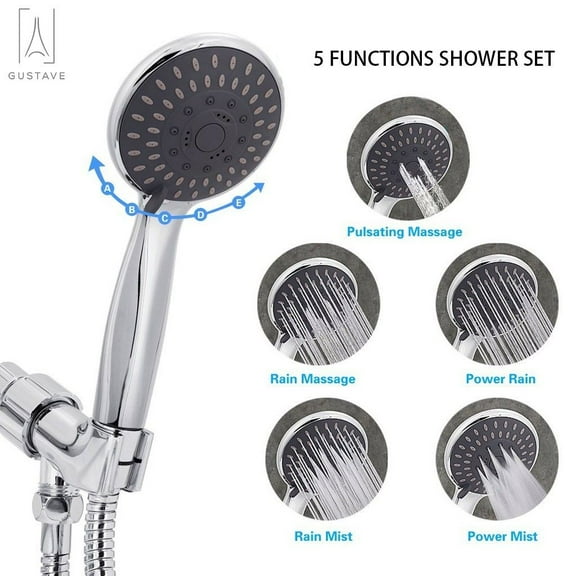 Gustave High Pressure Handheld Shower Head 5 Function Massage Spa Detachable Hand Held Water-saving Showerhead, Hose not included