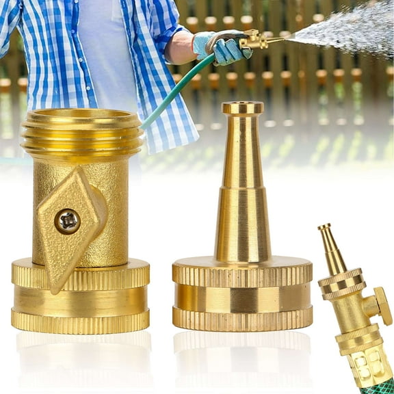 Gustave High Pressure Hose Nozzle Garden Brass Jet Nozzle Heavy Duty 3/4" GHT Water Hose Sprayer Sweeper Connector with Hose Shut Off Valve, 2 Pack