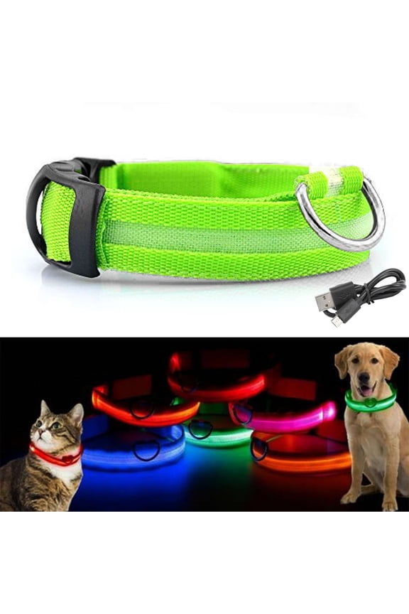 LED Dog Cat Collar Nylon Glow Flashing Light Up Night Safety Reflective Pet Collars USB Rechargeable with 3 Glowing Modes "Green, S"