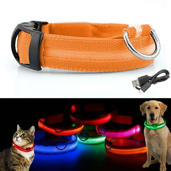Gustave LED Dog Cat Collar Nylon Glow Flashing Light Up Night Safety Reflective Pet Collars USB Rechargeable with 3 Glowing Modes "Orange, S"