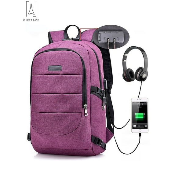Gustave Laptop Backpack Water Resistant Anti-Theft College Backpack with USB Charging Port and Lock 17Inch Compurter Backpacks for Women Men, Casual Hiking Travel Daypack "Purple"