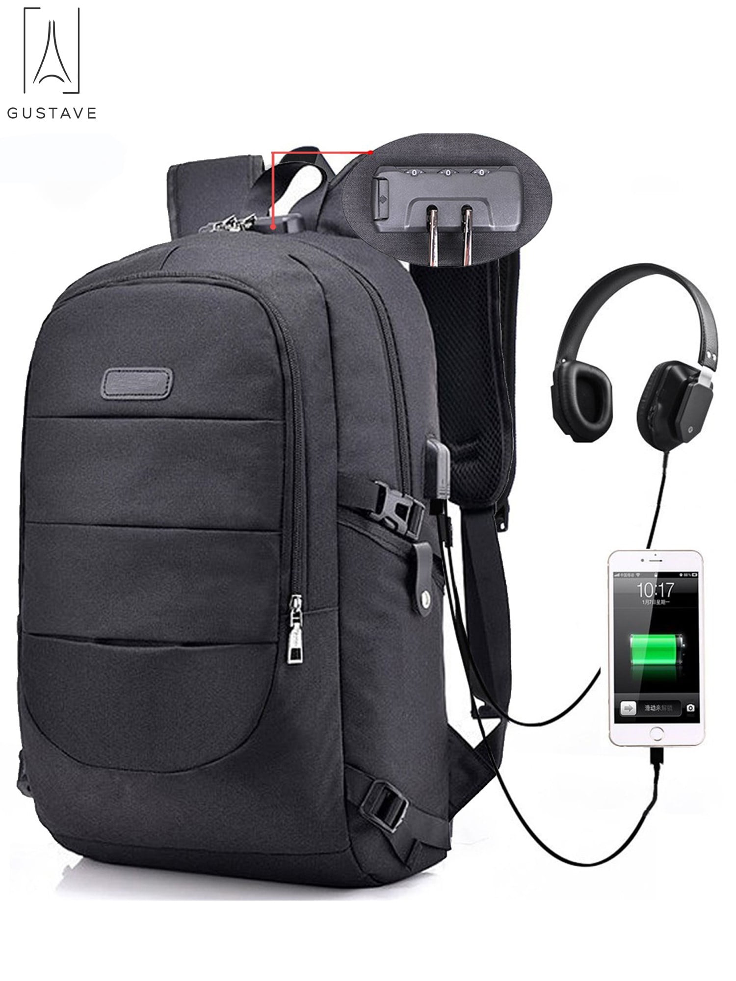 Gustave Laptop Backpack Water Resistant Anti-Theft College Backpack with USB Charging Port and Lock 17Inch Compurter Backpacks for Women Men, Casual Hiking Travel Daypack "Black"