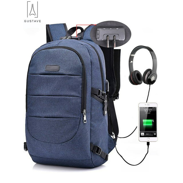 Gustave Laptop Backpack Water Resistant Anti-Theft College Backpack with USB Charging Port and Lock 17Inch Compurter Backpacks for Women Men, Casual Hiking Travel Daypack "Blue"