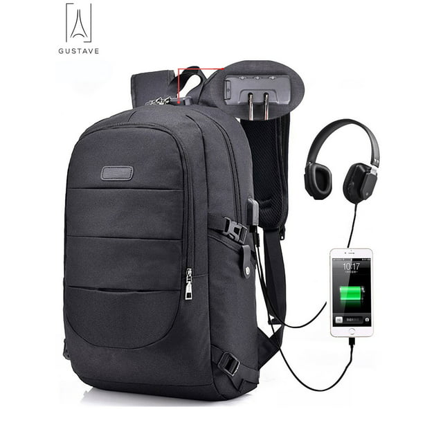 Gustave Laptop Backpack Water Resistant Anti-Theft College Backpack with USB Charging Port and Lock 17Inch Compurter Backpacks for Women Men, Casual Hiking Travel Daypack "Black"