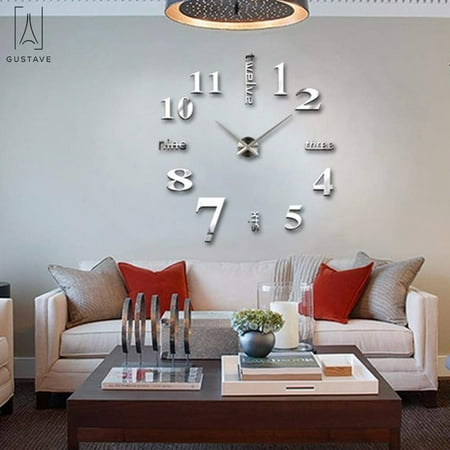 Gustave Large 3D Frameless Wall Clock Stickers DIY Wall Decoration for Living Room Bedroom "Silver"
