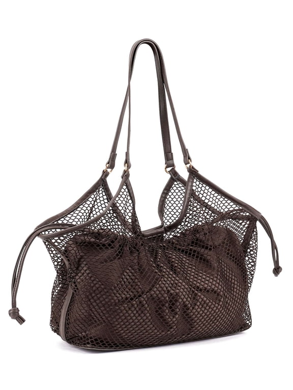 Large Mesh Tote Bag for Women Summer Hobo Beach Bag Slouchy Trendy Shoulder Handbag Purse for Vacation Travel - Coffee