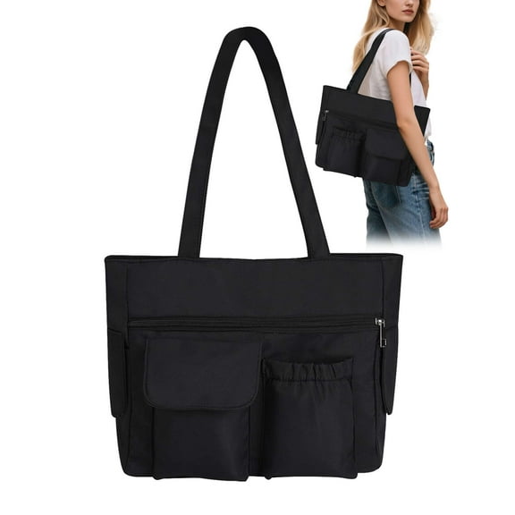 Gustave Large Tote Bag for Women Waterproof Oxford Multi Pocket Shoulder Handbag Travel Work Bags Casual Lightweight Top Handle Hobo Weekender Purse, Black