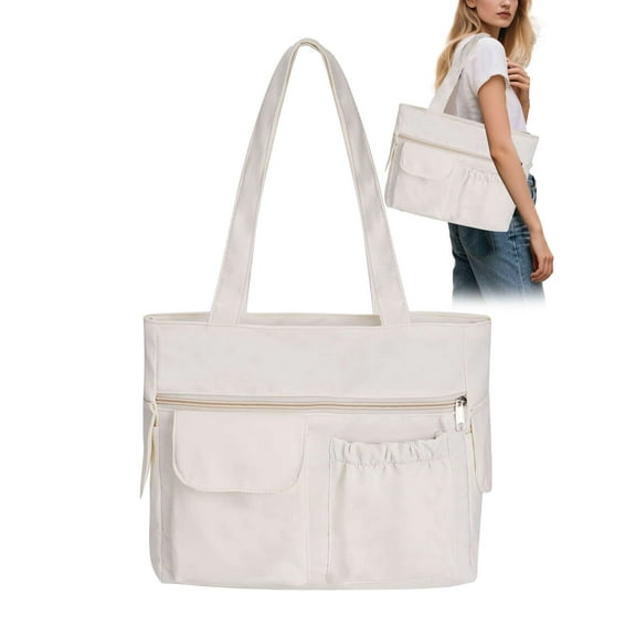 Gustave Large Tote Bag for Women Waterproof Oxford Multi Pocket Shoulder Handbag Travel Work Bags Casual Lightweight Top Handle Hobo Weekender Purse, White