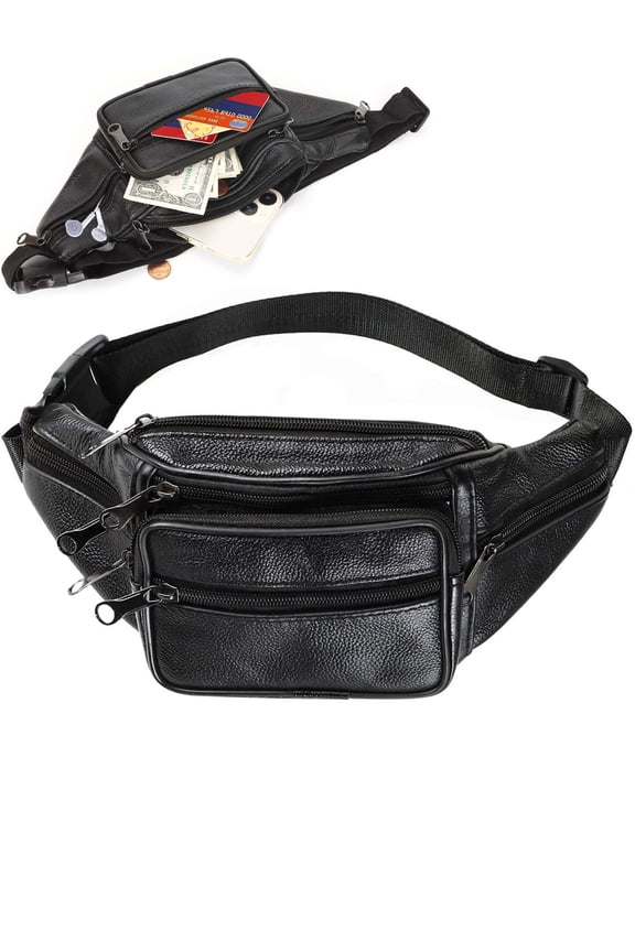 Leather Fanny Pack Waist Bag for Men Women Waterproof Bum Bags Crossbody Fashionable Multi-Pockets Hip Purse with Adjustable Belt for Travel Hiking Cycling