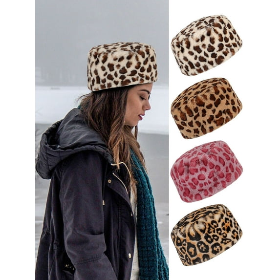 Gustave Leopard Print Faux Fur Hats for Women Cossack Russian Style Warm Hat Winter Fluffy Hat Thick Ski Beanie Cap "Brown"