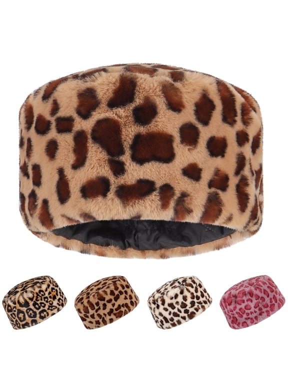 Leopard Print Faux Fur Hats for Women Cossack Russian Style Warm Hat Winter Fluffy Hat Thick Ski Beanie Cap "Brown"