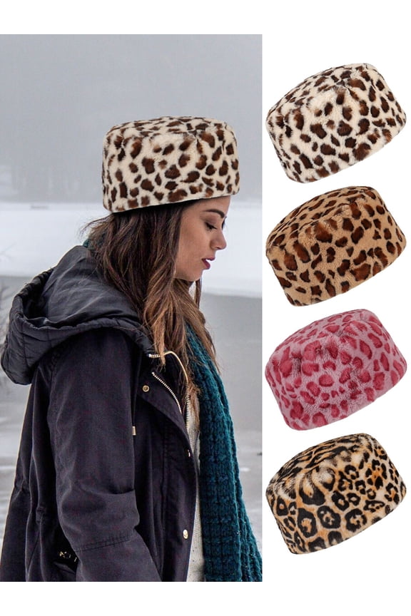 Leopard Print Faux Fur Hats for Women Cossack Russian Style Warm Hat Winter Fluffy Hat Thick Ski Beanie Cap "White"