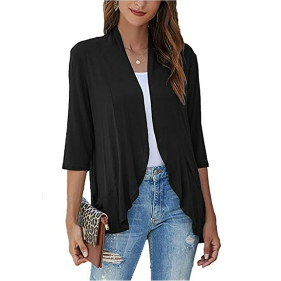 Gustave Lightweight Cardigan for Women Casual Soft Ruffles Draped 3/4 Sleeve Open Front Sweater Cardigans Solid Outwear Fall Coat "Black, L"