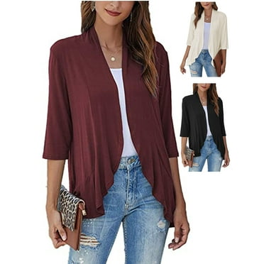 Gustave Lightweight Cardigan for Women Casual Soft Ruffles Draped 3/4 Sleeve Open Front Sweater Cardigans Solid Outwear Fall Coat "Red, 2XL"