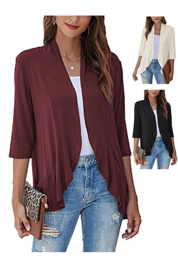 Lightweight Cardigan for Women Casual Soft Ruffles Draped 3/4 Sleeve Open Front Sweater Cardigans Solid Outwear Fall Coat "Red, 2XL"