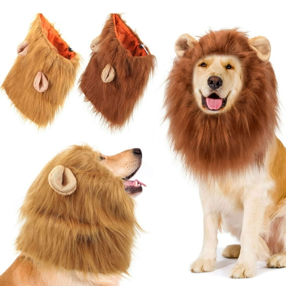 Gustave Lion Mane Costume for Dog Realistic Funny Adjustable Lion Costume Wig with Ears for Medium Large Dog, Halloween Christmas Cosplay Party Pet Dress Up Hat "Light Brown"