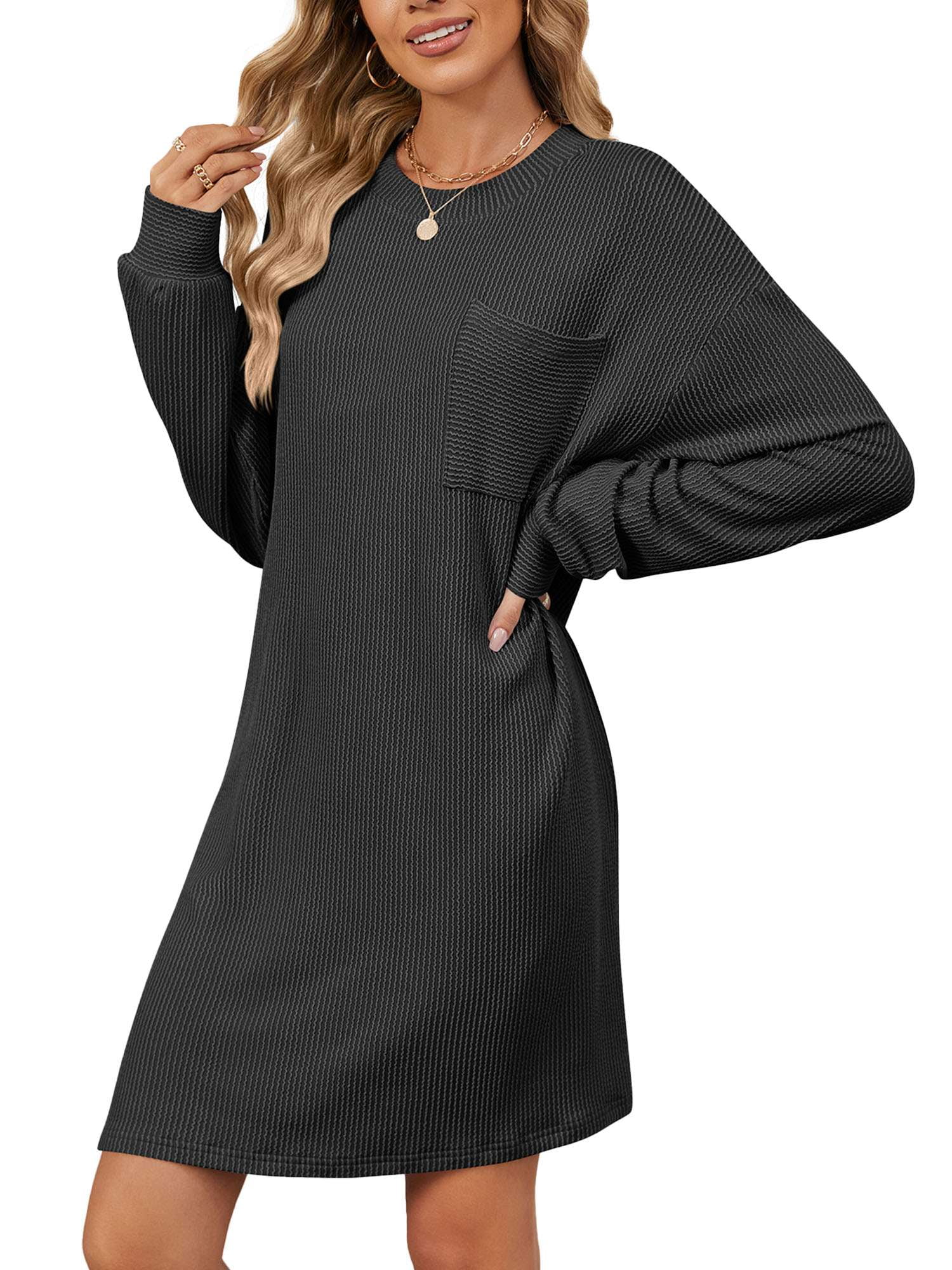 Gustave Long Sleeve Sweater Dress for Women Casual Crew Neck Knit Midi  Dresses Striped Textured Tunic Pullover Dresses Loose Fit - Walmart.com