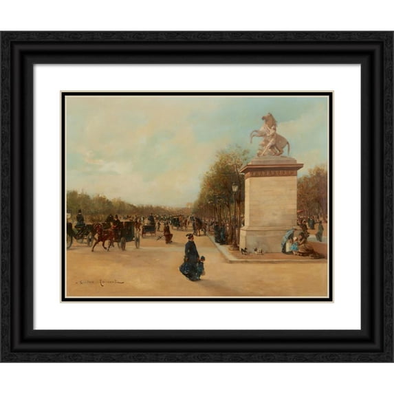 Gustave Maincent 24x19 Black Ornate Framed Double Matted Museum Art Print Titled: The Champs Elysees with the Tuileries and the Arc De Triumphe in the Distance