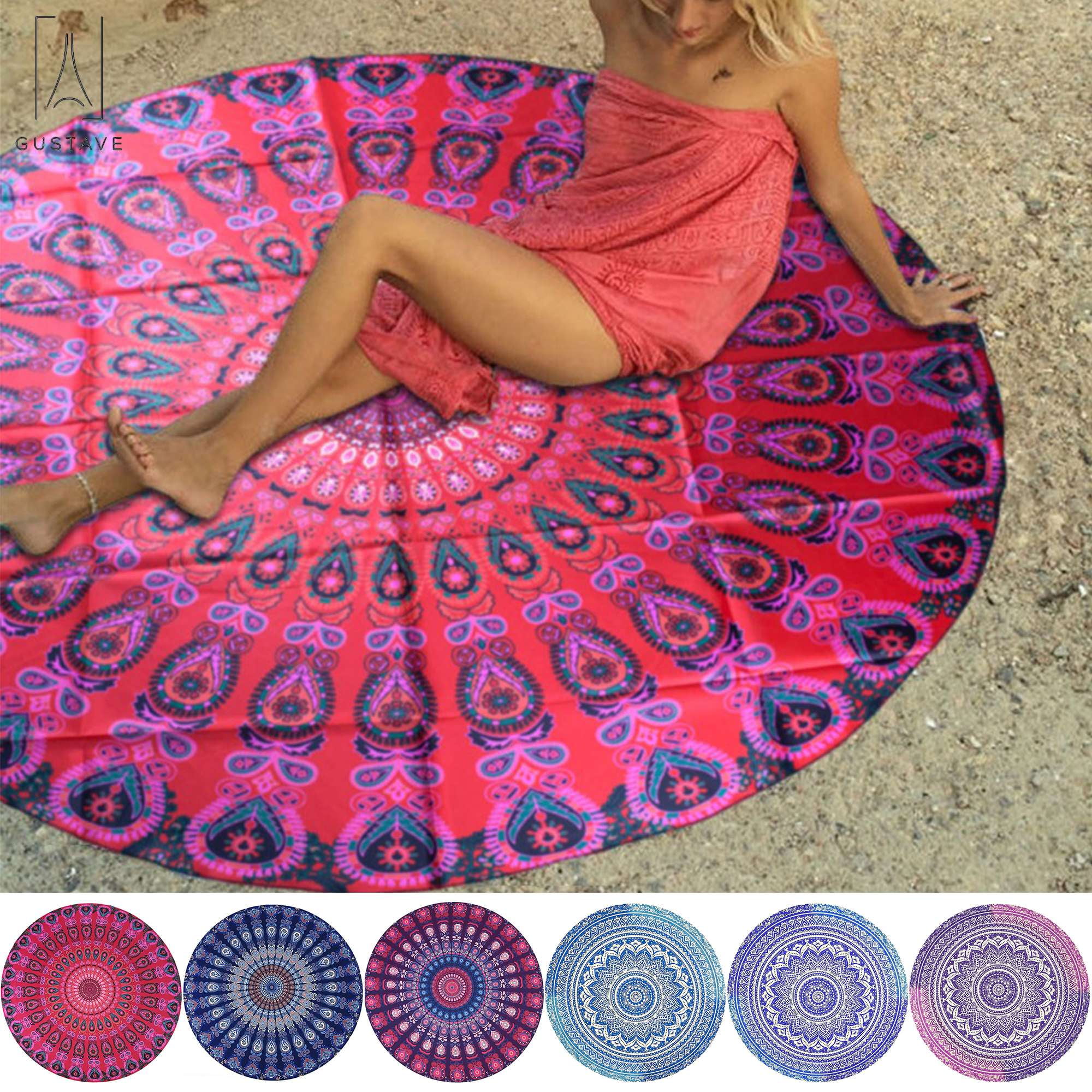 Arazzo Rotondo Tappeto Da Spiaggia Indiano Bohemian Mandala - 122 Cm - Colore Verde - Foto 4