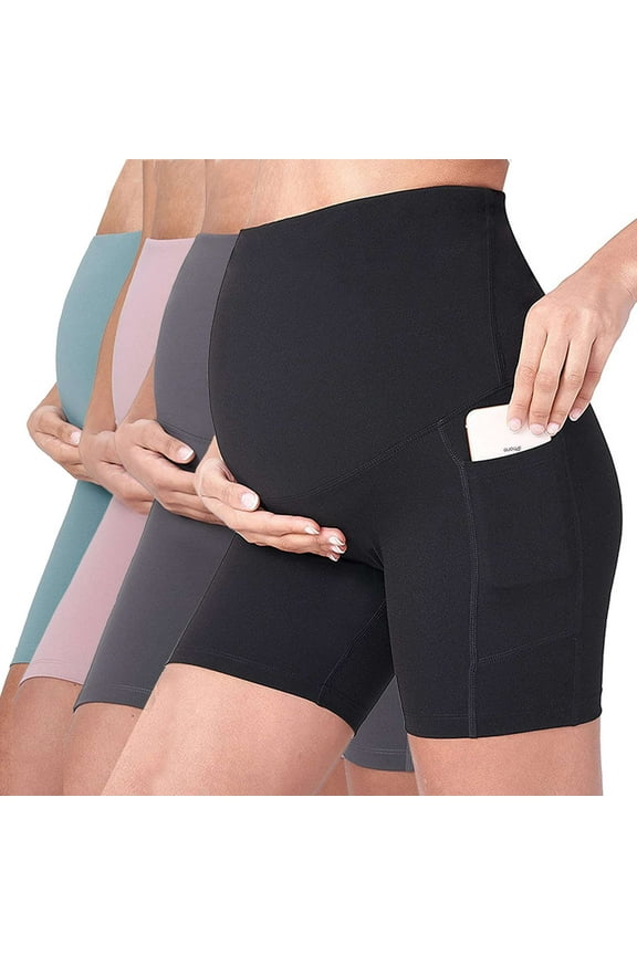 Maternity Yoga Workout Shorts with Pockets Pregnant Women Comfy Stretch Active Short Pants Leggings for Running Gym Biker "Blue, L"